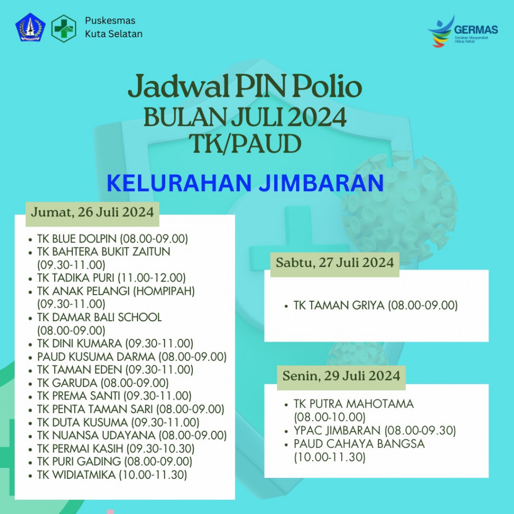 Jadwal Kegiatan Pin Polio Paud Tk Dan Sd Bulan Juli 2024